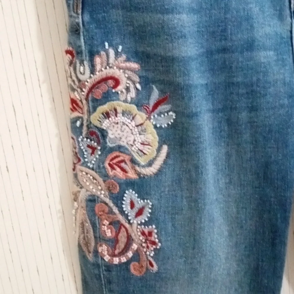 Soft Surroundings Blue Jeans with Floral Embroidery, Festival, Artistic, - Picture 3 of 7
